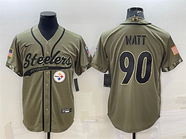 Men's Pittsburgh Steelers #90 T.J. Watt Olive 2022 Salute to Service Cool Base Stitched Baseball Jersey - Click Image to Close